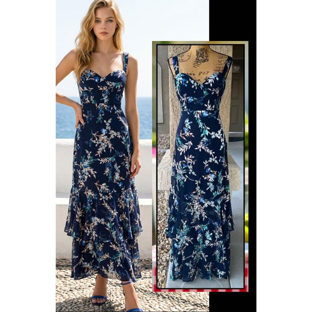 Lulus Navy Blue Floral Burnout Maxi Stunning Sweetness Dress Size S